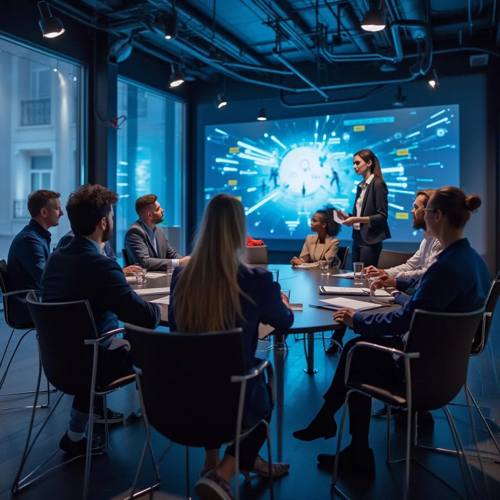 Grupo de profesionales en sesión de liderazgo transformacional